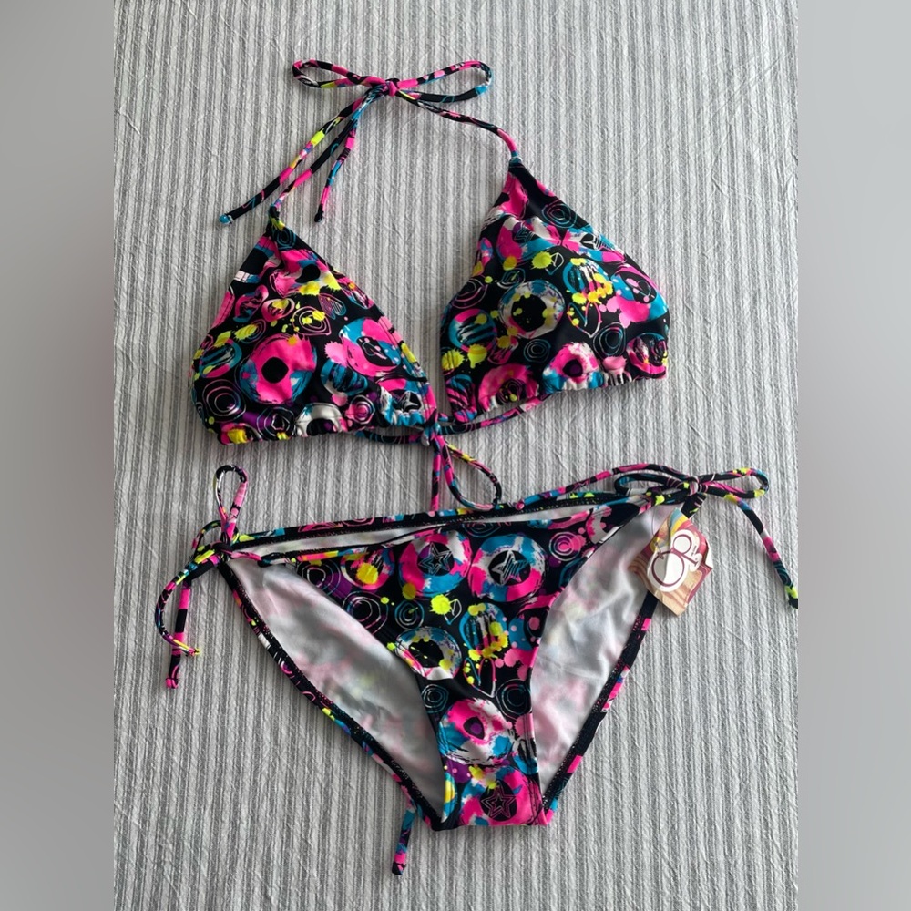 Vintage OP Neon Graffiti Bikini Set NEW M Bottoms XL Top Mixed Size Swim Y2K